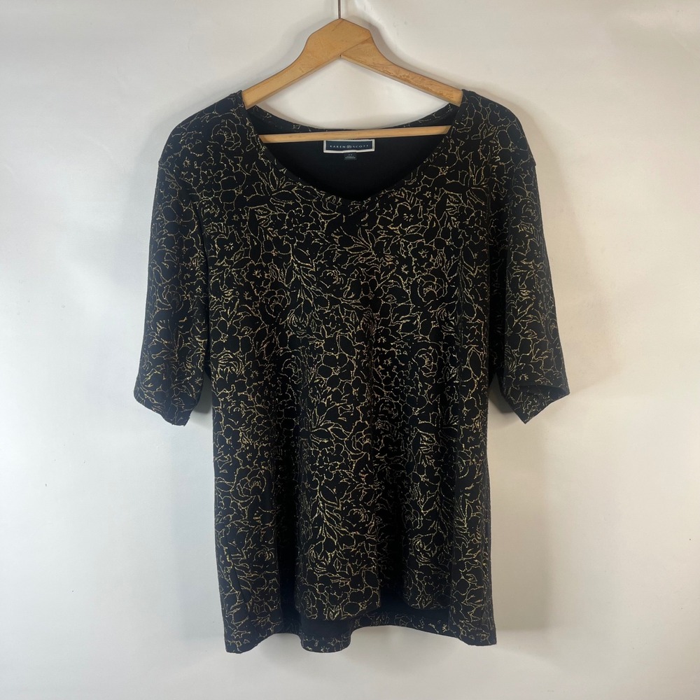 Karen Scott Top Womens 2X Black Gold Metallic Floral Scoop Neck Elbow Sleeve